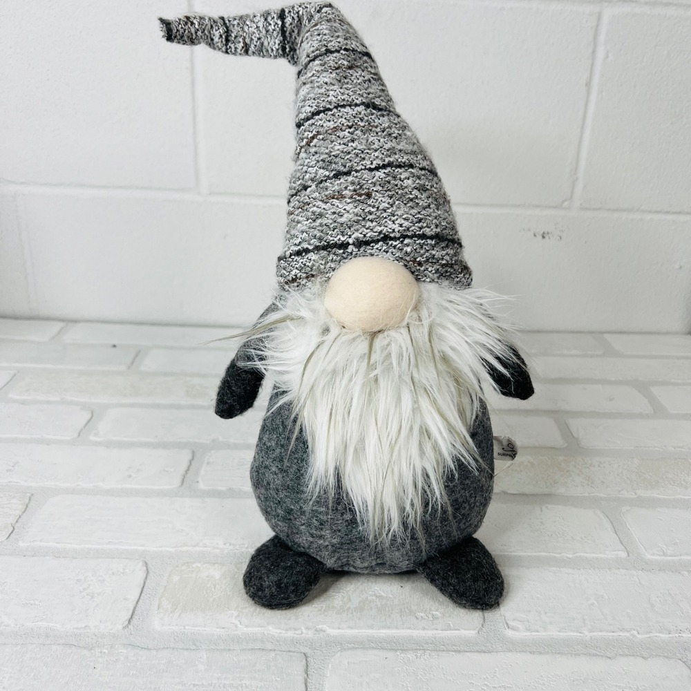 Airlab Grey Knit Striped Hat Plush Gnome 14 Inch Scandinavian Tomte Decor